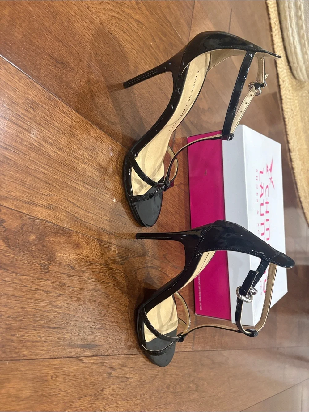 Chinese Laundry Black Patent T-Strap Stiletto Sandals
